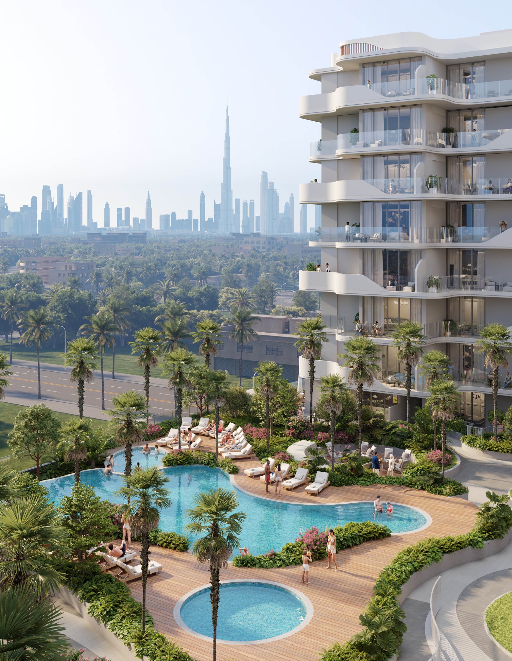 HOLM Development โ Podium pool and Burj Khalifa skyline